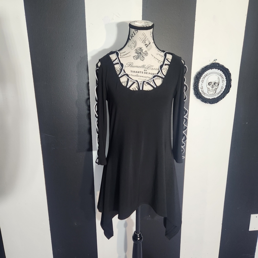 Joseph Ribkoff Black Scoop Neck Tunic with Lattice Trim